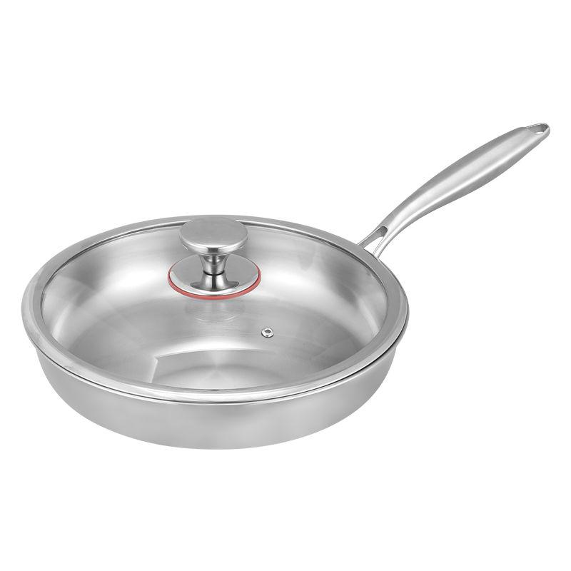 Sartén de acero inoxidable 304 sin recubrimiento HZIB - Sartén para freír en casa para asar bistecs, sartén para cocinar, sartén antiadherente, sartén para estufa con tapa de vidrio