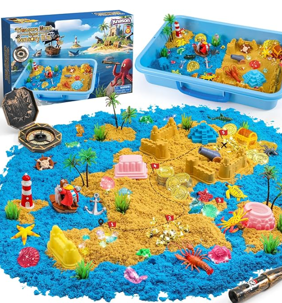 Treasure Chest Magic Sand Set,Sand Toy Sand Set with 1kg Play Sand,Glowing Gems and Card,Sandtoy Sandbox Christmas Gift for Kids ages 3 4 5 6 7 and 8 Years