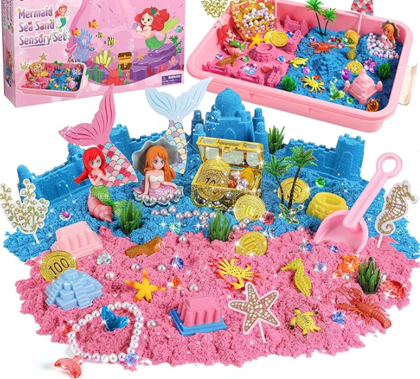 Sand Toys,Magic Sand for Girls with 1kg Sensory Play Sand,Treasure Accessories and Sandbox, Beach Toys Christmas Birthday Gift for Kids 3 4 5 6 7 8