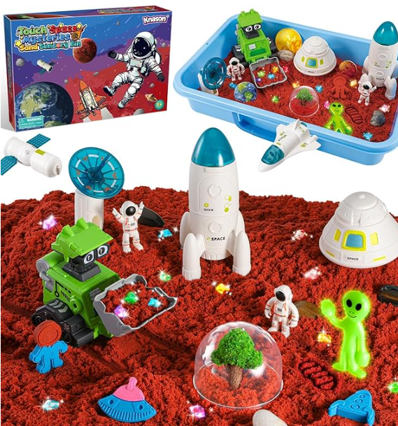 Aerospace Magic Sand Set, Sand Toy Sand Set with Play Sand, Glow-in-the-dark Aliens and Gemstones,Sand Toys Sandbox Christmas Gift for Kids 3-8 Years
