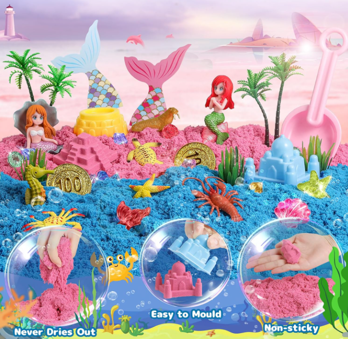  Mermaid Sand Toys,Magic Sand for Girls with 1kg Sensory Play Sand,Treasure Accessories and Sandbox, Beach Toys Christmas Birthday Gift for Kids 3 4 5 6 7 8