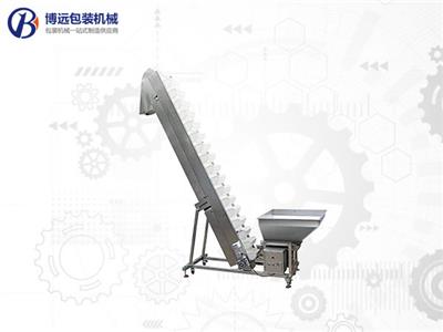 Packaging machine configuration: inclined chain bucket elevator