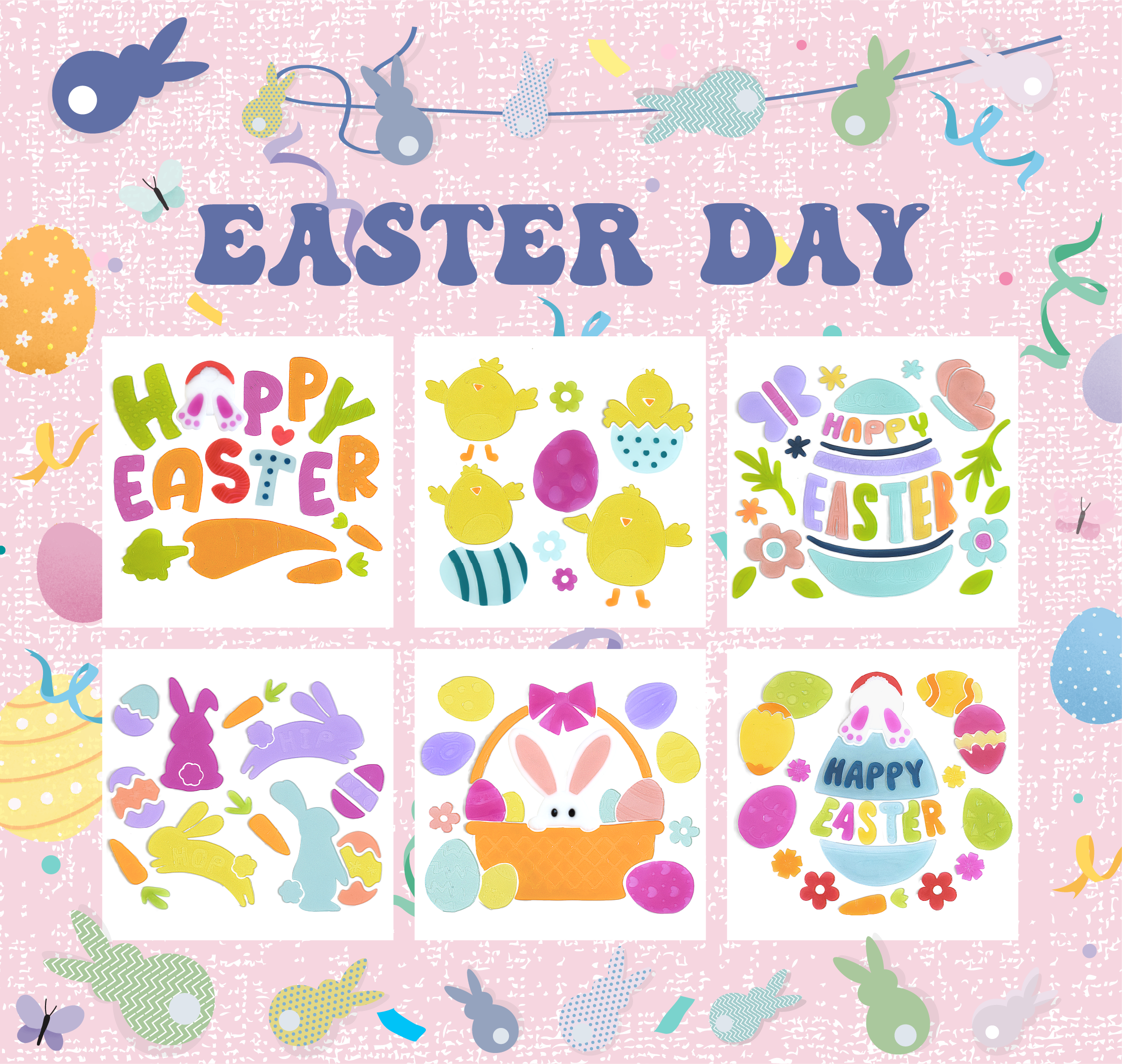 6 piezas de adhesivos de ventana de Pascua de gelatina de conejo huevo flor pollito mariposa para ventanas de vidrio espejos refrigeradores, decoraciones de ventana de Pascua para fiesta de oficina en casa