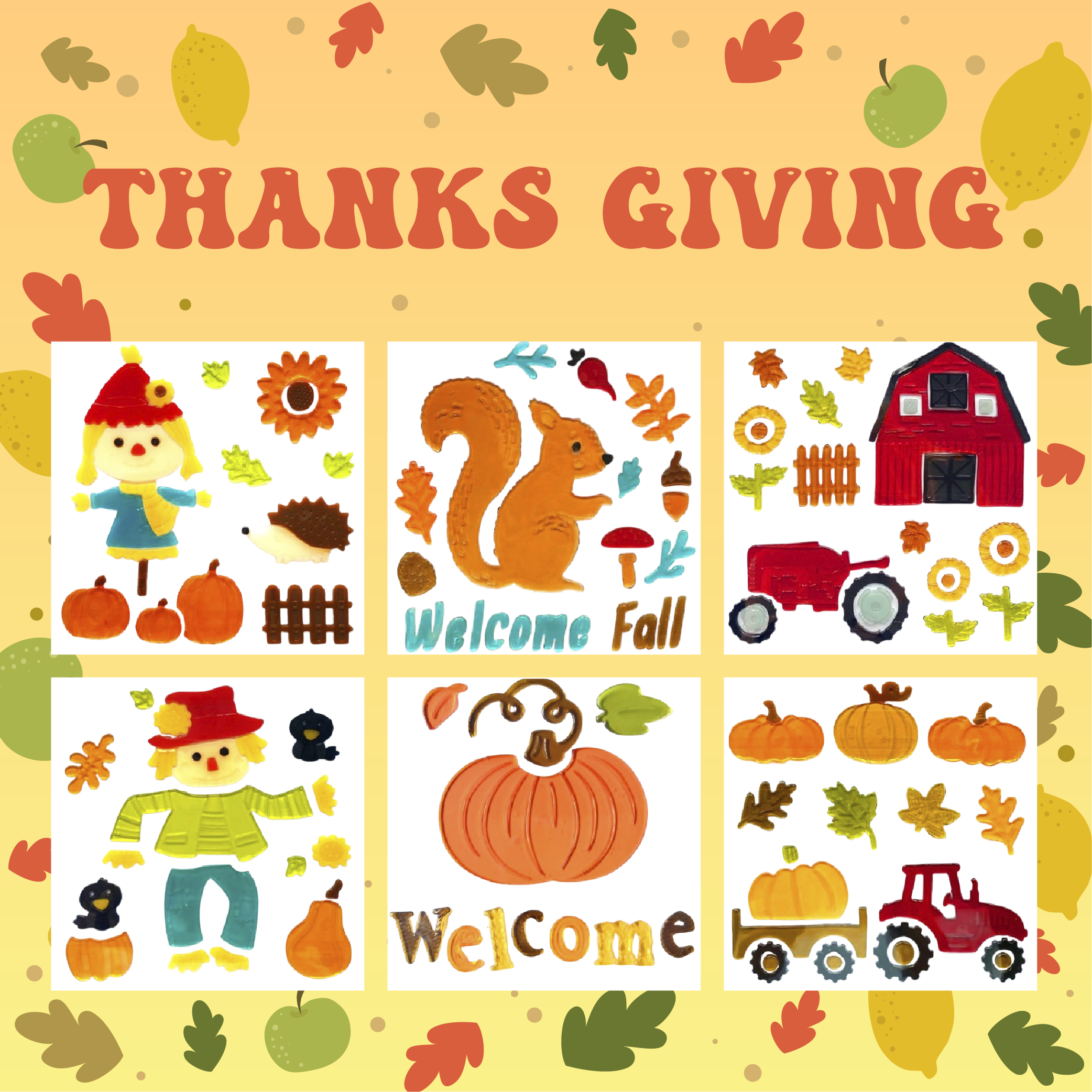 Adhesivos de gel otoñales para ventanas de vidrio, adhesivos de gel para Acción de Gracias, Hola otoño hojas, calabaza para decoración de ventanas de fiestas de otoño