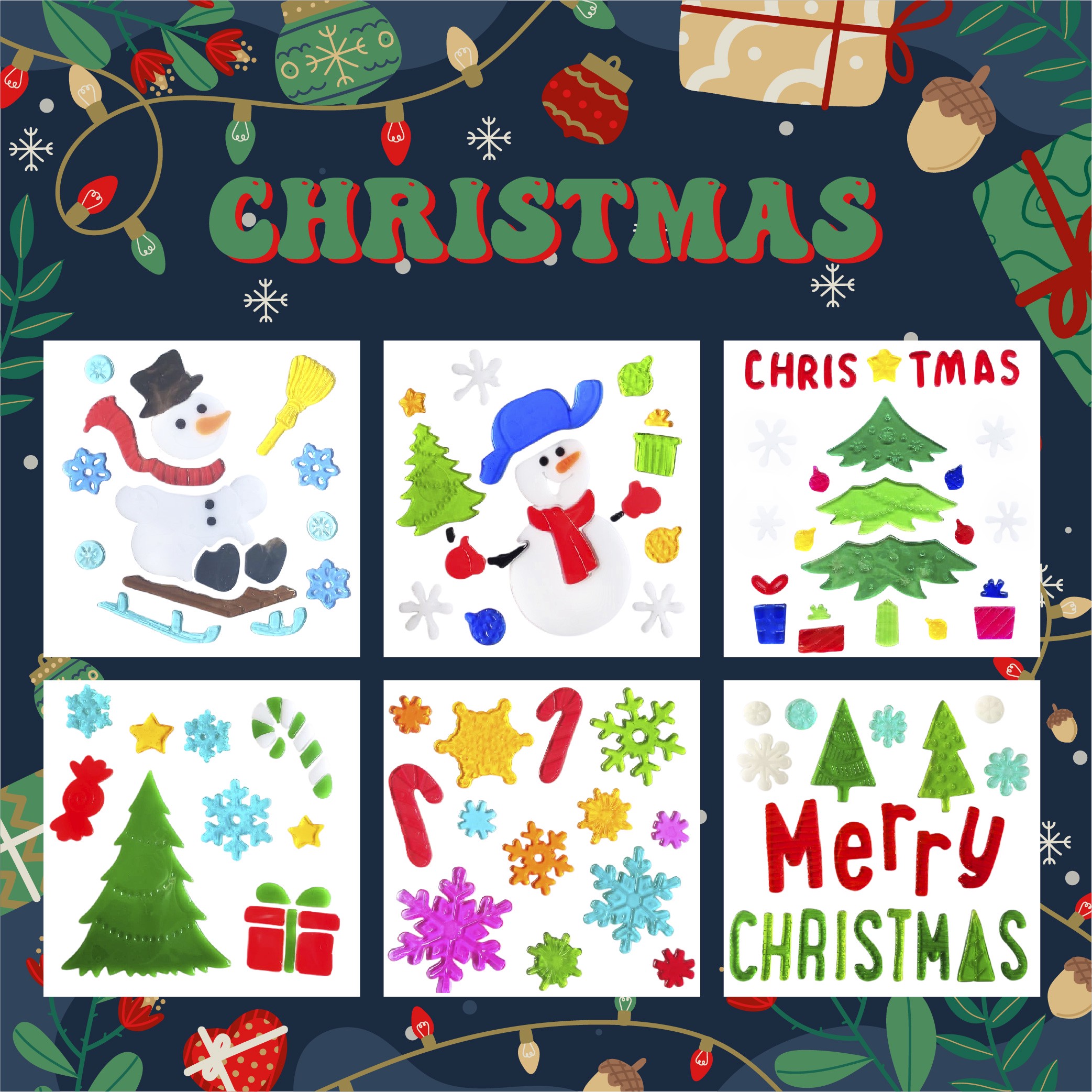 Pegatinas Navideñas de Gel para Ventanas - Papá Noel, Muñeco de Nieve, Copo de Nieve, Pingüino, Árbol de Navidad y Regalos, Pegatinas para Ventanas para Niños