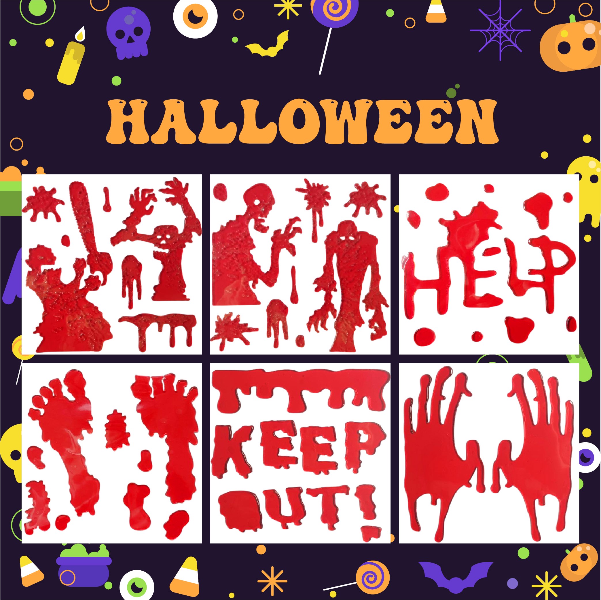 Pegatinas de gel para ventanas de Halloween: fantasmas, calabazas, murciélagos, brujas, gatos, Boo, sangre, decoraciones para fiestas en casa y ventanas