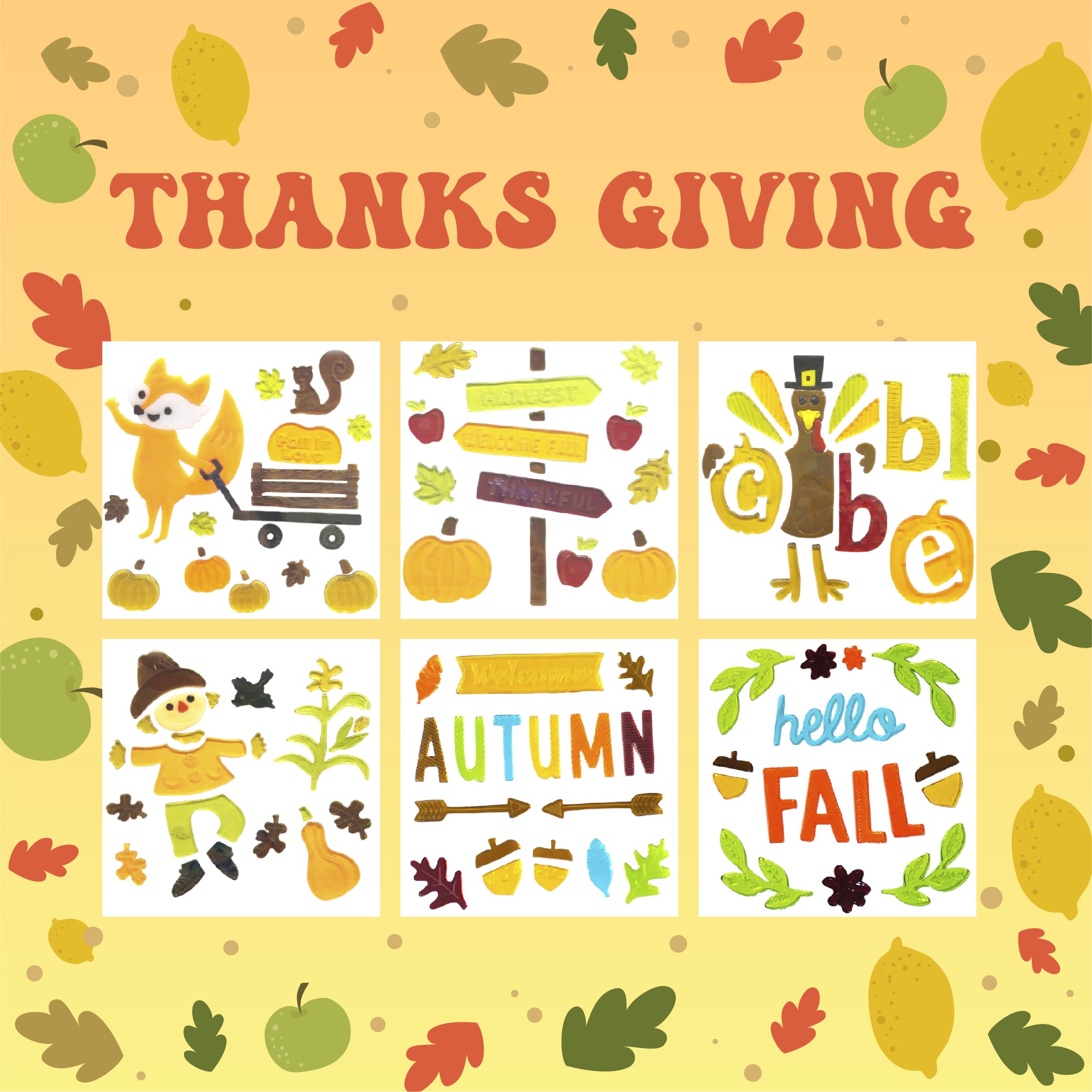 6 láminas de adhesivos de gel de otoño para ventanas de vidrio, adhesivos de gel de Acción de Gracias, hojas de otoño, calabazas para decoración de ventanas en fiestas de otoño