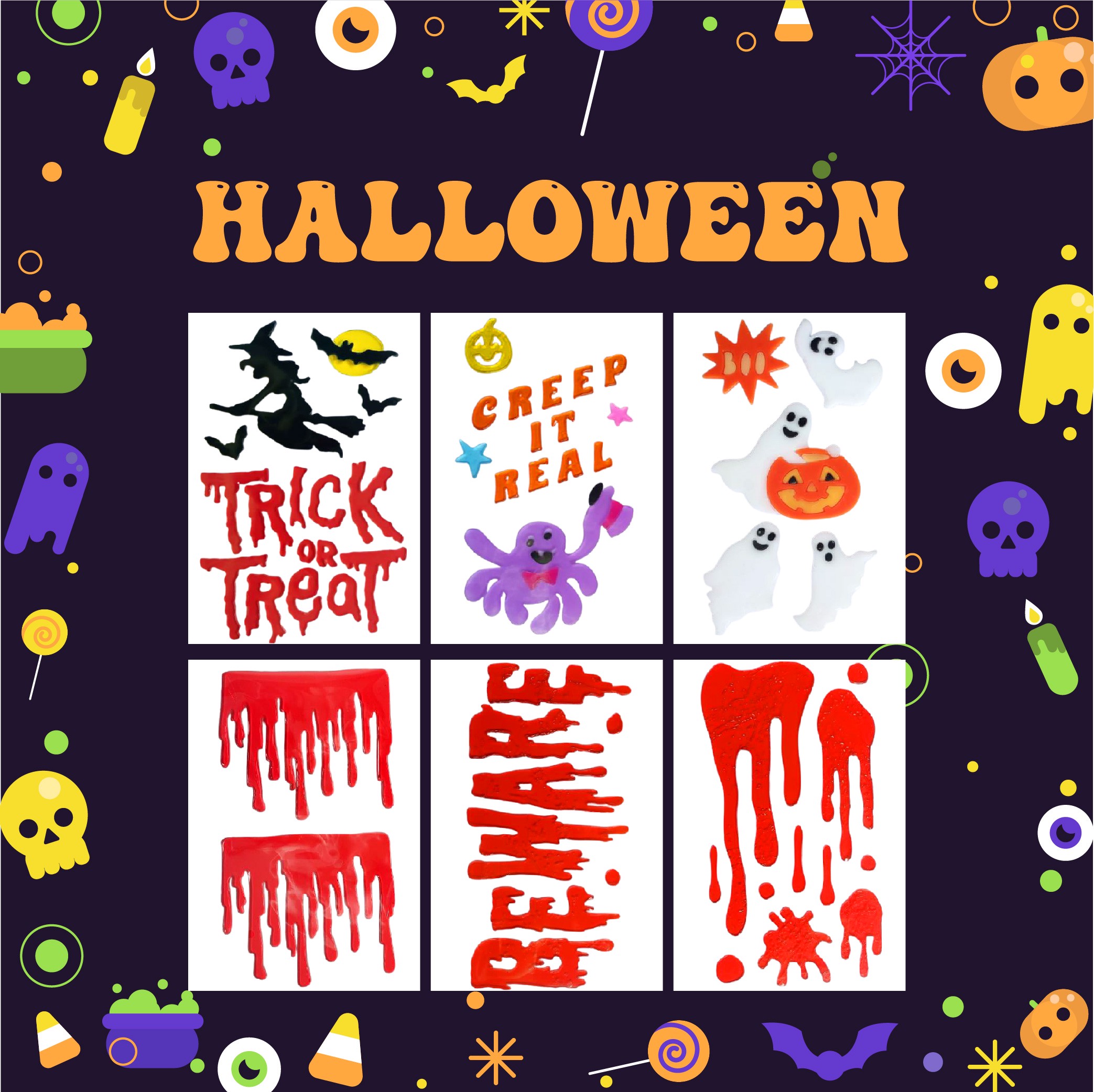 Pegatinas de gel para ventanas de Halloween: fantasmas, calabazas, murciélagos, brujas, gatos, Boo, sangre, decoraciones para fiestas en casa y ventanas