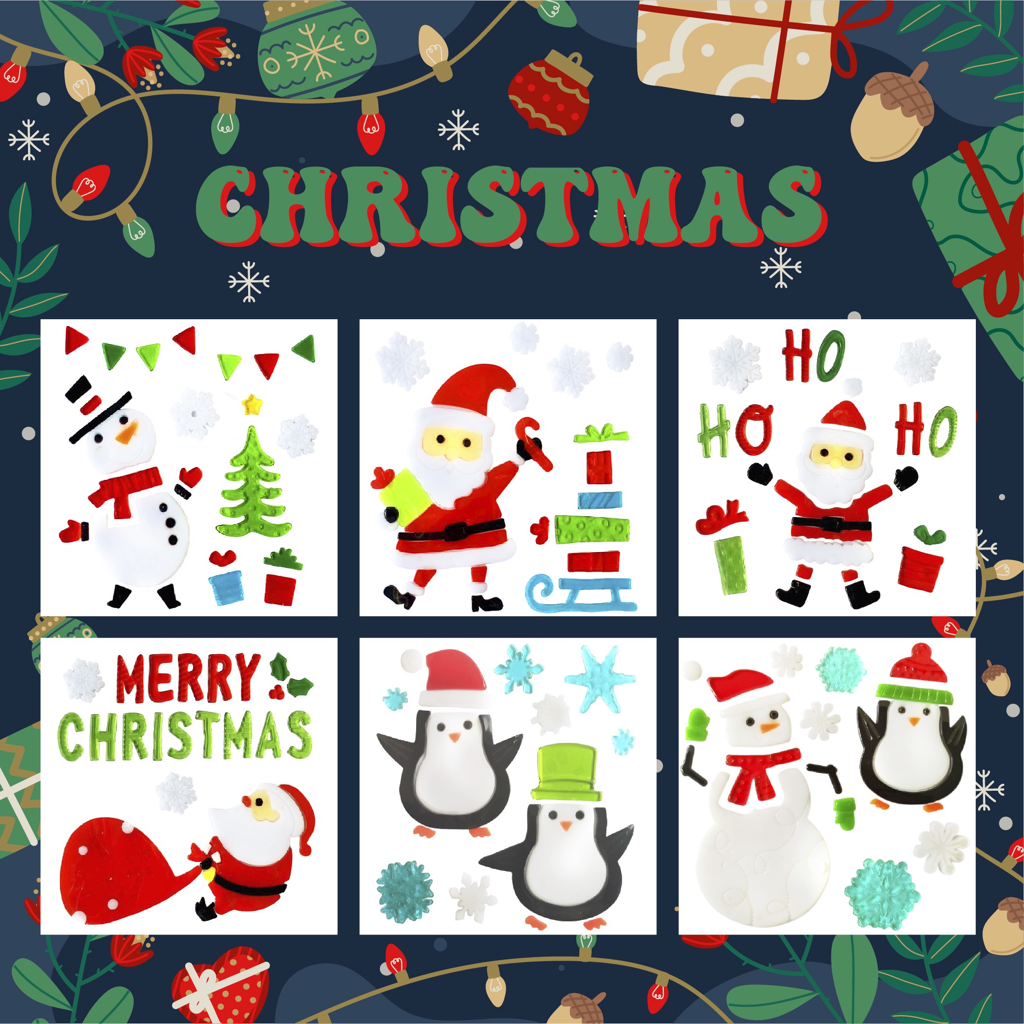 Pegatinas Navideñas de Gel para Ventanas - Papá Noel, Muñeco de Nieve, Copo de Nieve, Pingüino, Árbol de Navidad y Regalos, Pegatinas para Ventanas para Niños