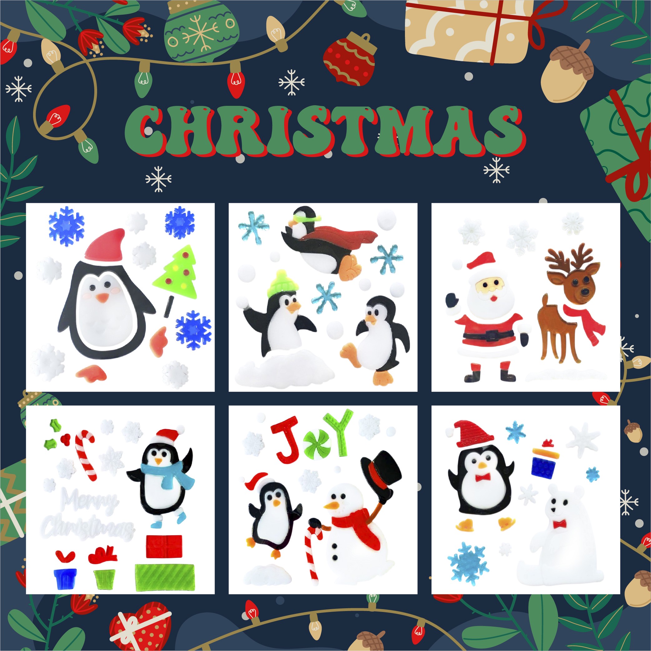 Pegatinas Navideñas de Gel para Ventanas - Papá Noel, Muñeco de Nieve, Copo de Nieve, Pingüino, Árbol de Navidad y Regalos, Pegatinas para Ventanas para Niños