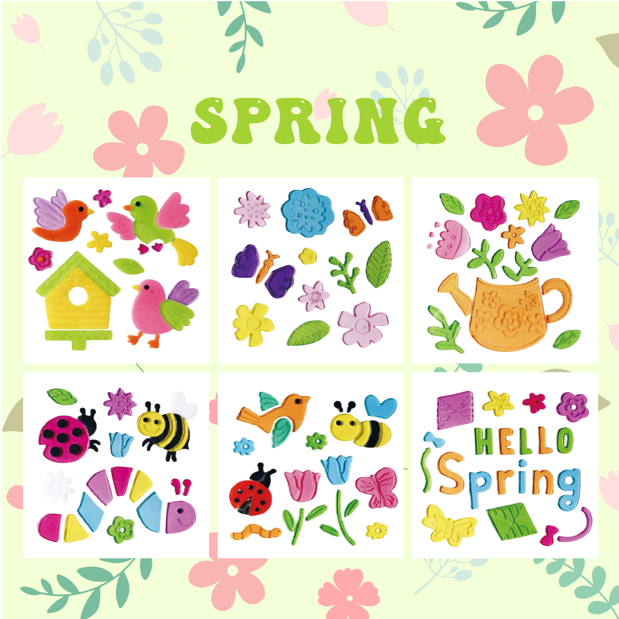 Gel adhesivo para ventanas de primavera, pegatinas de gelatina para vidrio de refrigeradores en el hogar, decoraciones de bienvenida a la primavera para ventanas - flores, mariposas, pájaros, el amor de los niños