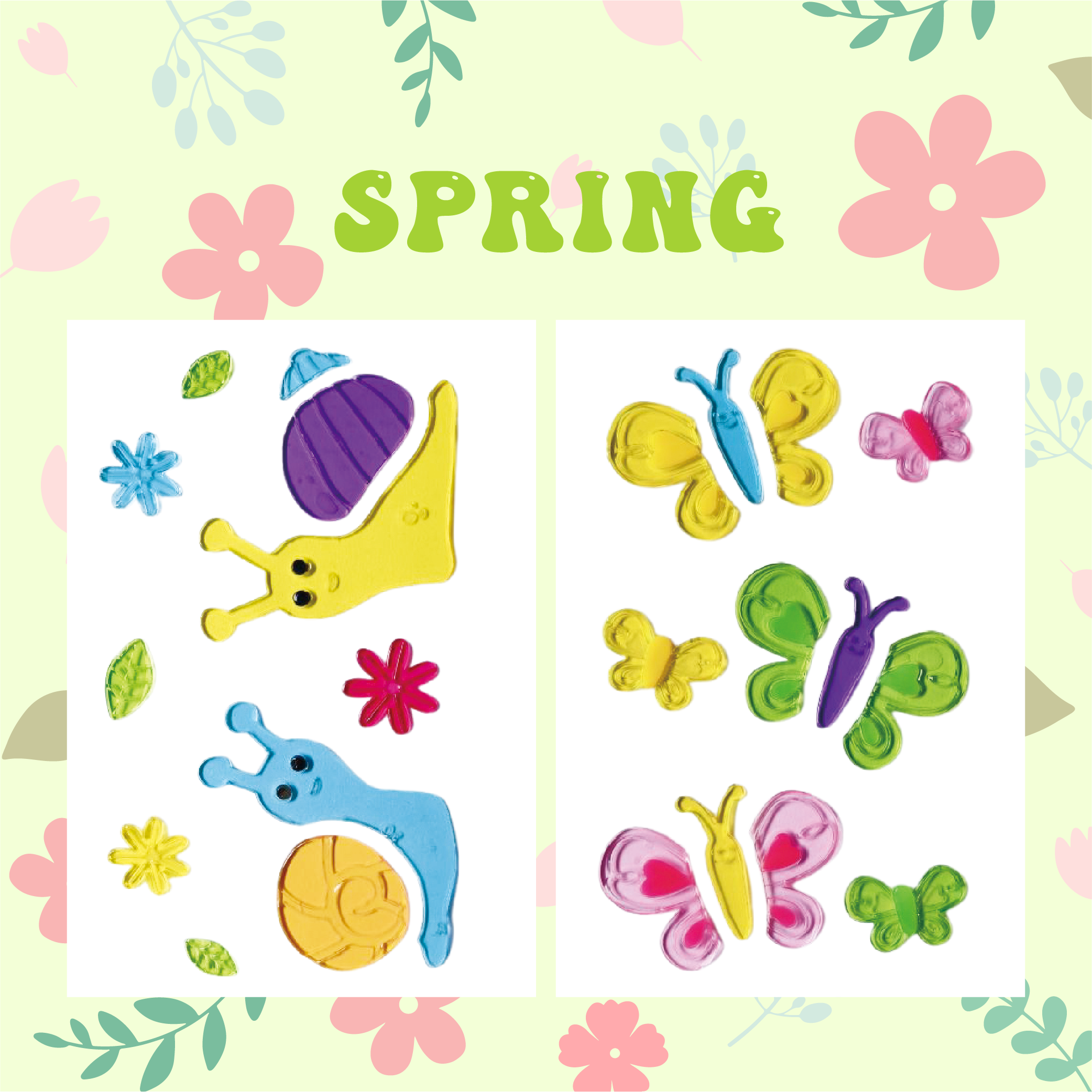 Gel adhesivo para ventanas de primavera, pegatinas de gelatina para vidrio de refrigeradores en el hogar, decoraciones de bienvenida a la primavera para ventanas - flores, mariposas, pájaros, el amor de los niños