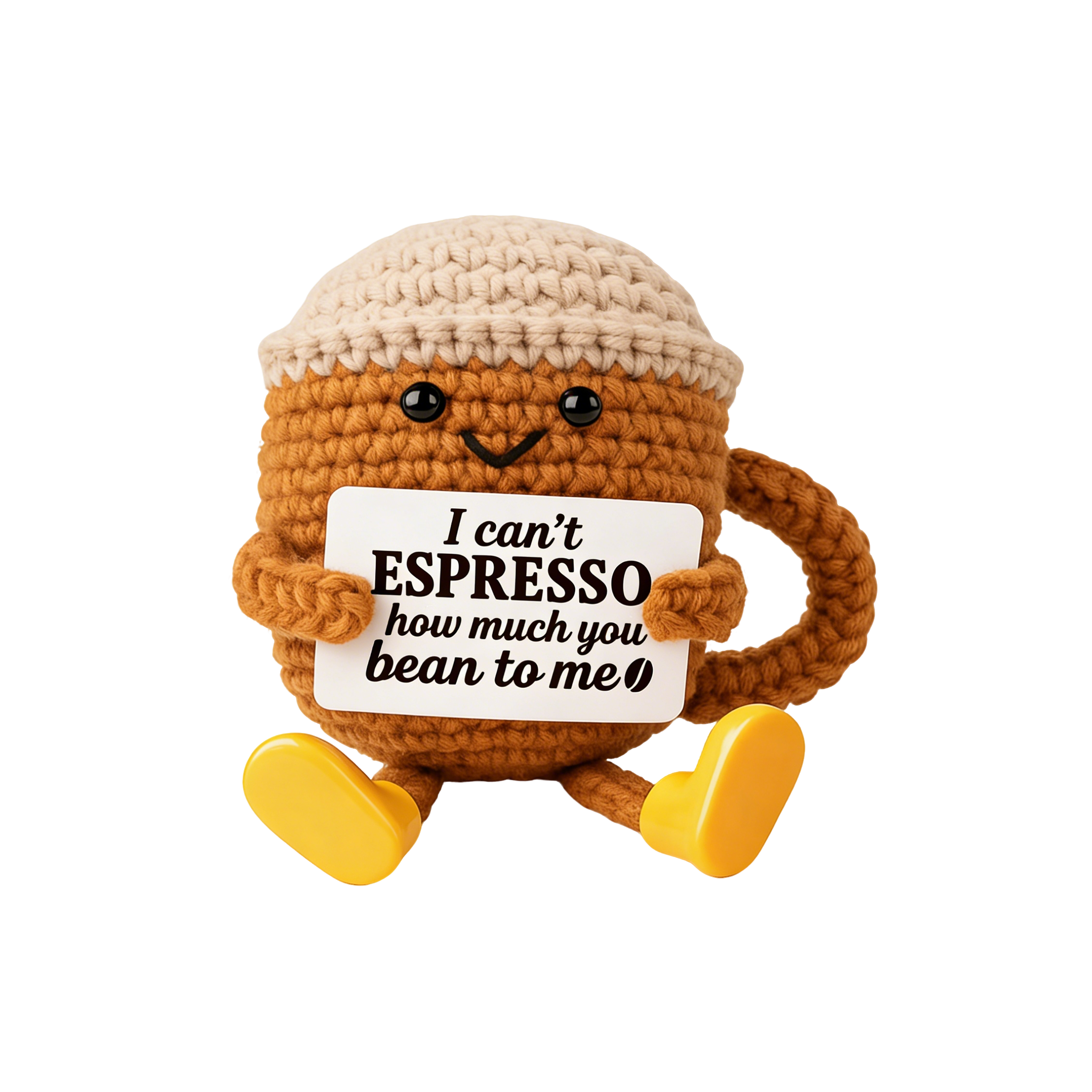 Taza de espresso de peluche de crochet hecha a mano con tarjeta de juego de palabras, 