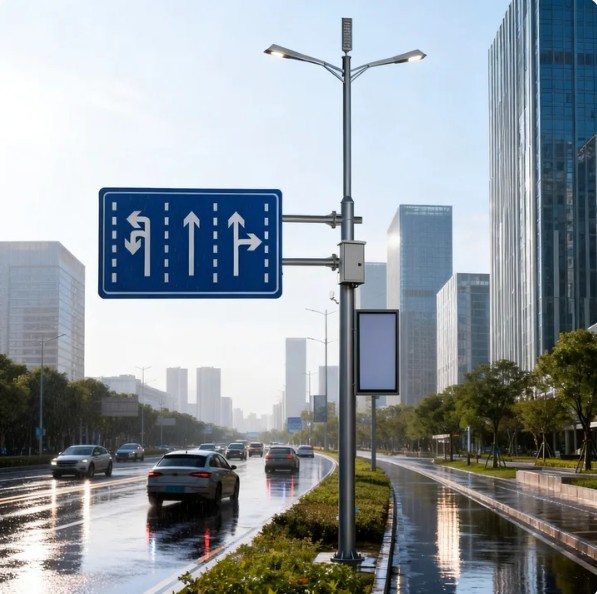 Galvanized steel integrated traffic light column, closed-circuit television camera, and LED display screen