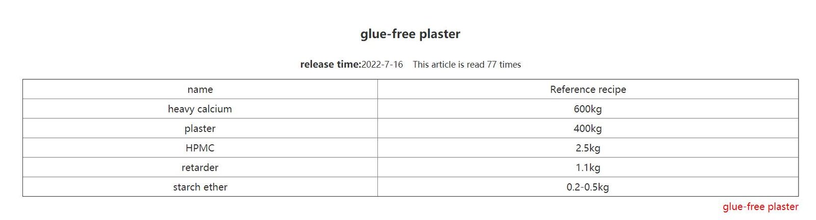 Glue-free plaster
