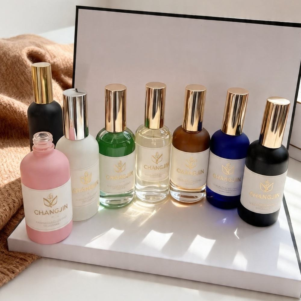 High End Empty Luxury Glass 50ml 100ml champagne Color Custom logo Spray Unique Perfume Bottle Reusable