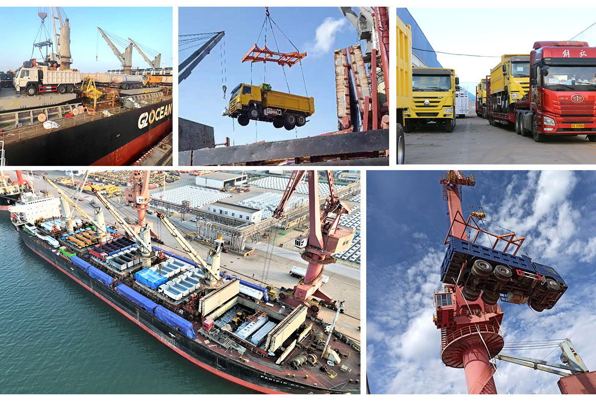 HOWO dump truck shipment collage showing trucks ready for delivery and visiting customers at ZW Group factory