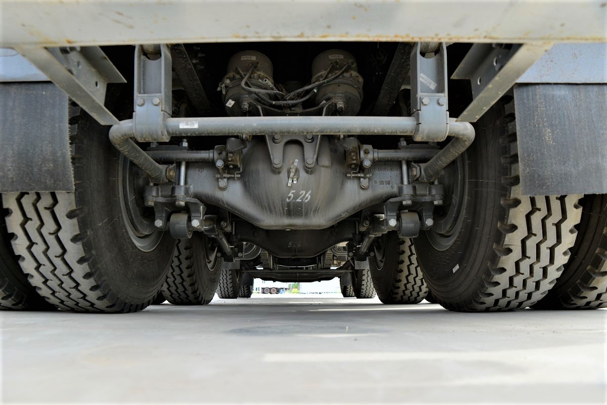 HOWO TX 440HP 8x4 dump truck chassis close-up showing reinforced frame and suspension for heavy loads