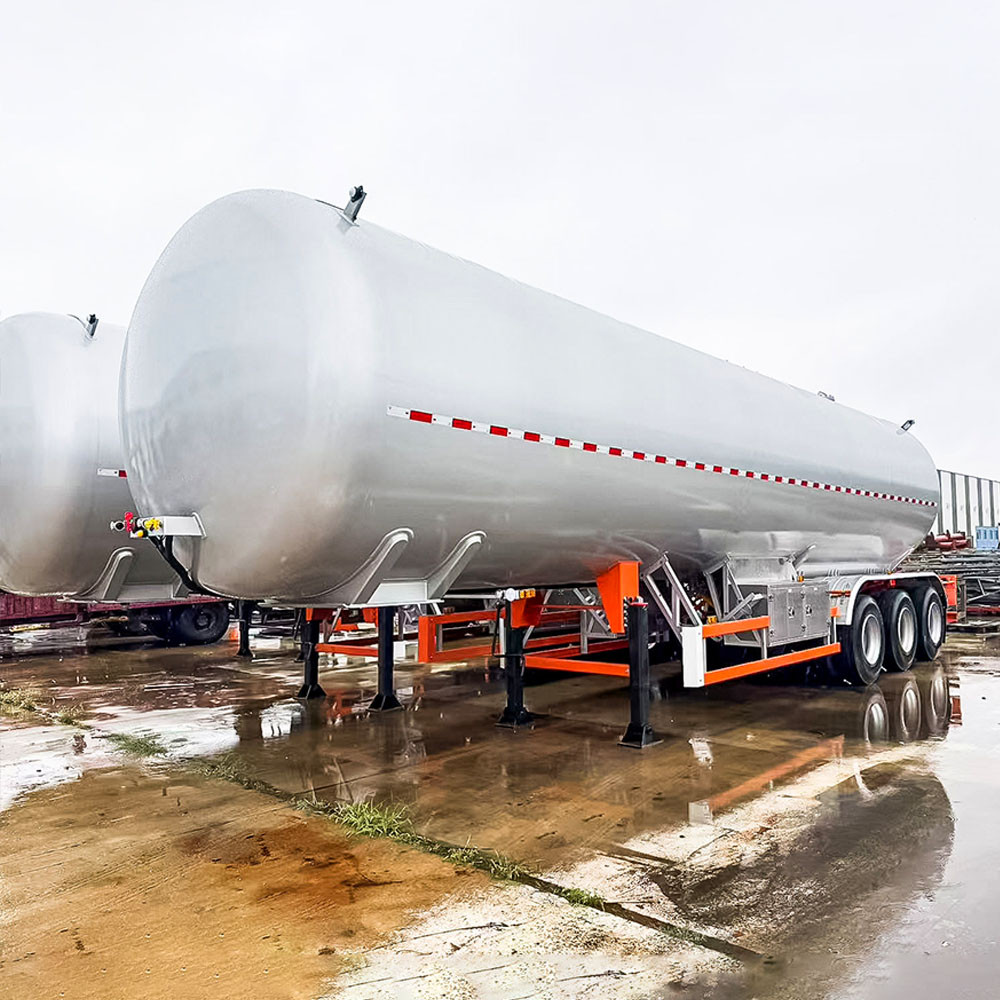 3 axle 56m³ LPG transport tanker trailer front three quarter view highlighting tank body and axle layout