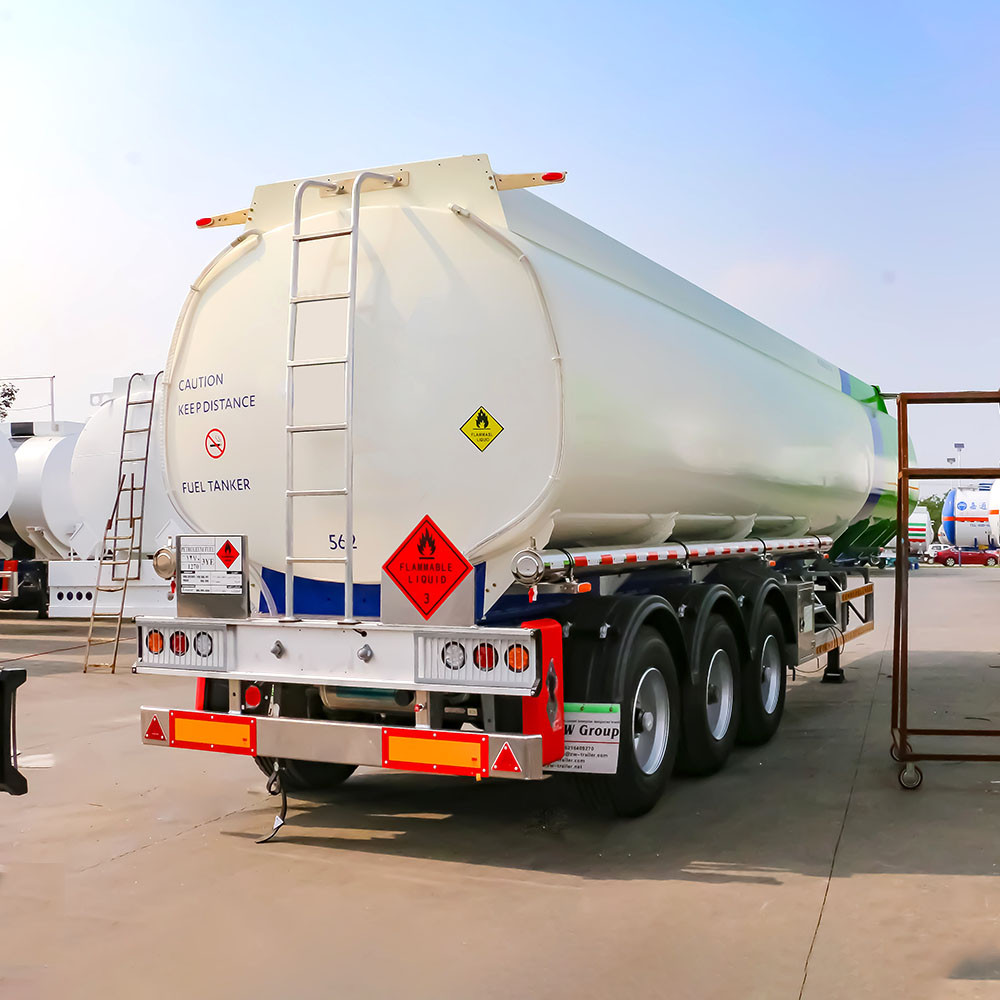 3 axle aluminum fuel tanker trailer rear view showing safety valves and reinforced frame