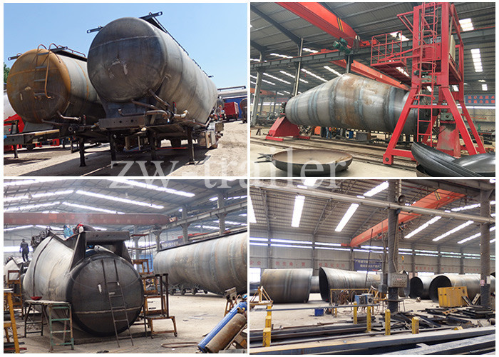 Powder tanker semi trailer manufacturing factory collage showing multiple tank bodies under production, assembly lines, welding and shaping processes, factory cranes, equipment, and storage areas in a single image