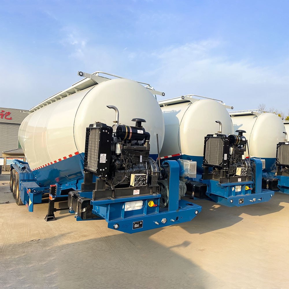 3 axle 40 ton cement tanker trailer front three quarter view highlighting tank body and axle layout