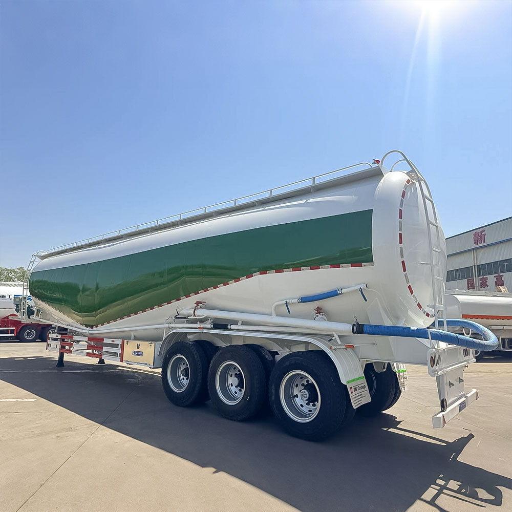 3 axle 85CBM bulk cement semi trailer rear three quarter view showing discharge valves and rear platform