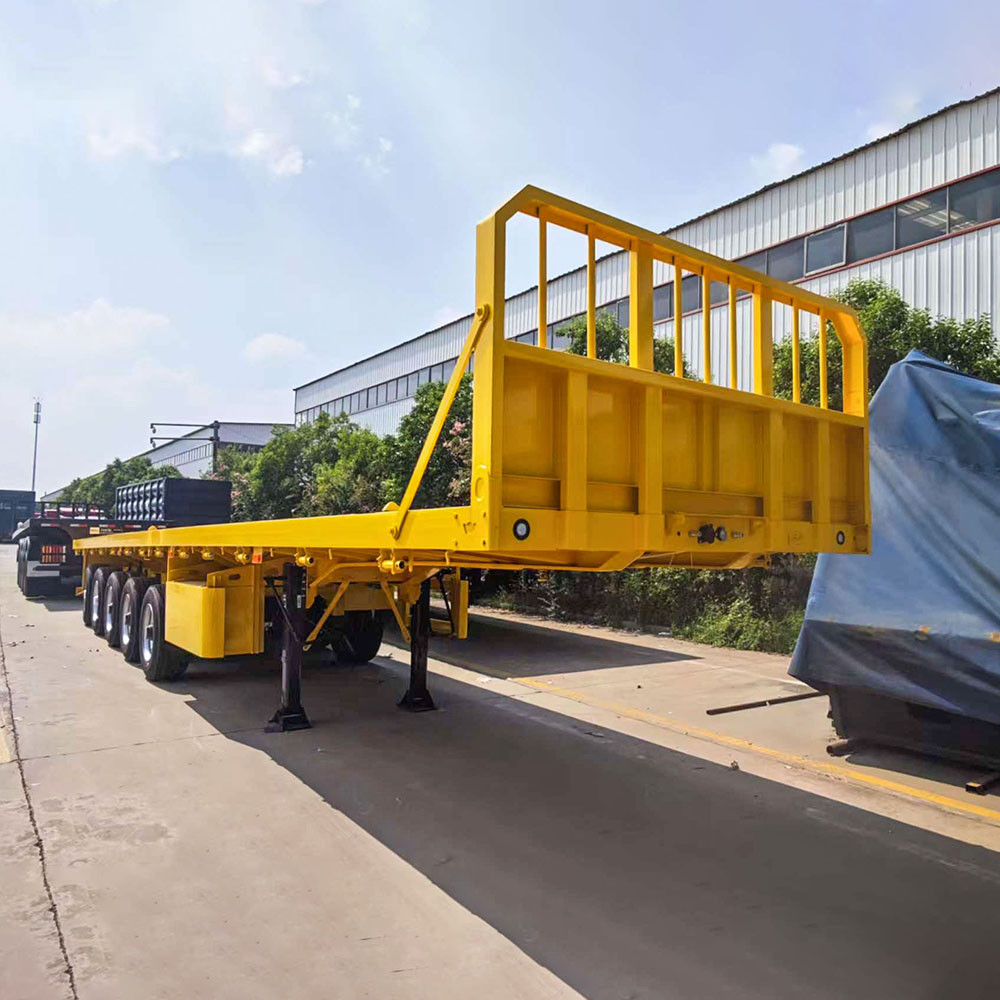 5 axle flatbed semi trailer front three quarter view highlighting long loading platform and axle layout