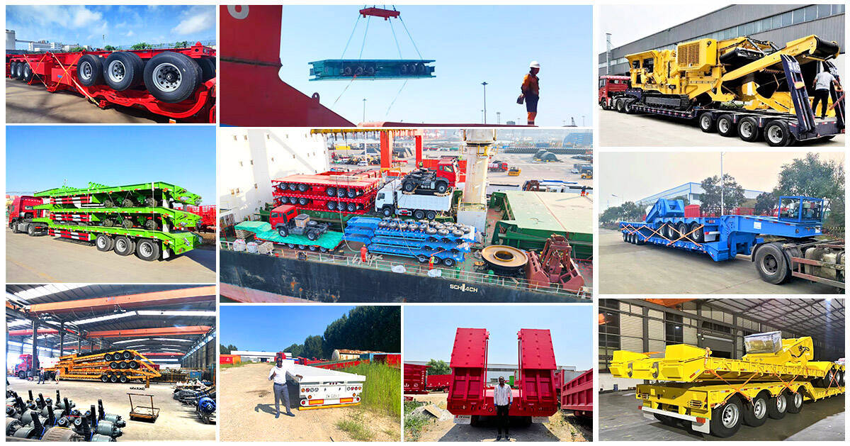 A collage highlighting the gooseneck semi trailers being packed in the factory and then shipped at the port for international delivery.