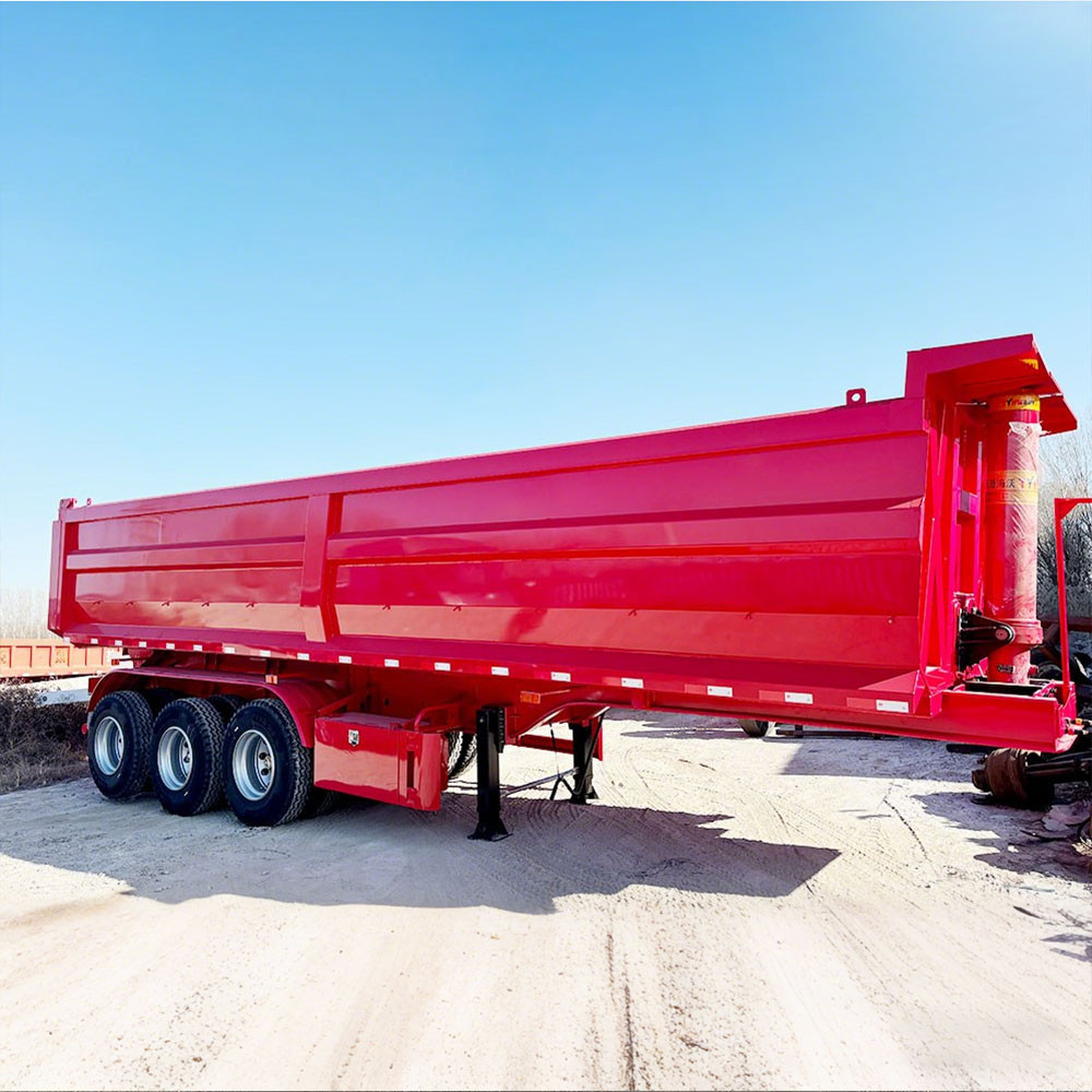 3 axle 35CBM hydraulic dump semi trailer side view showing large capacity body and hydraulic tipping mechanism