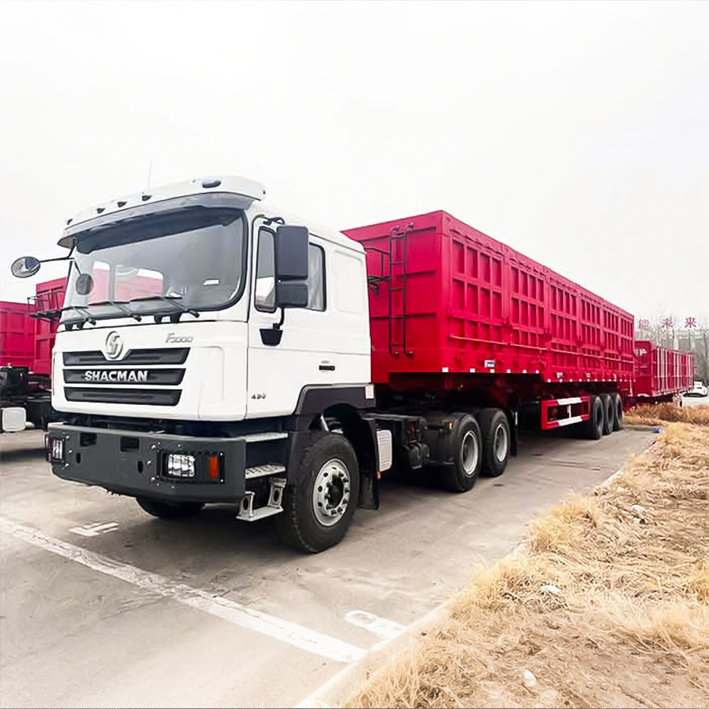 3 axle side tipper semi trailer front three quarter view highlighting hydraulic side tipping cylinder and axle layout