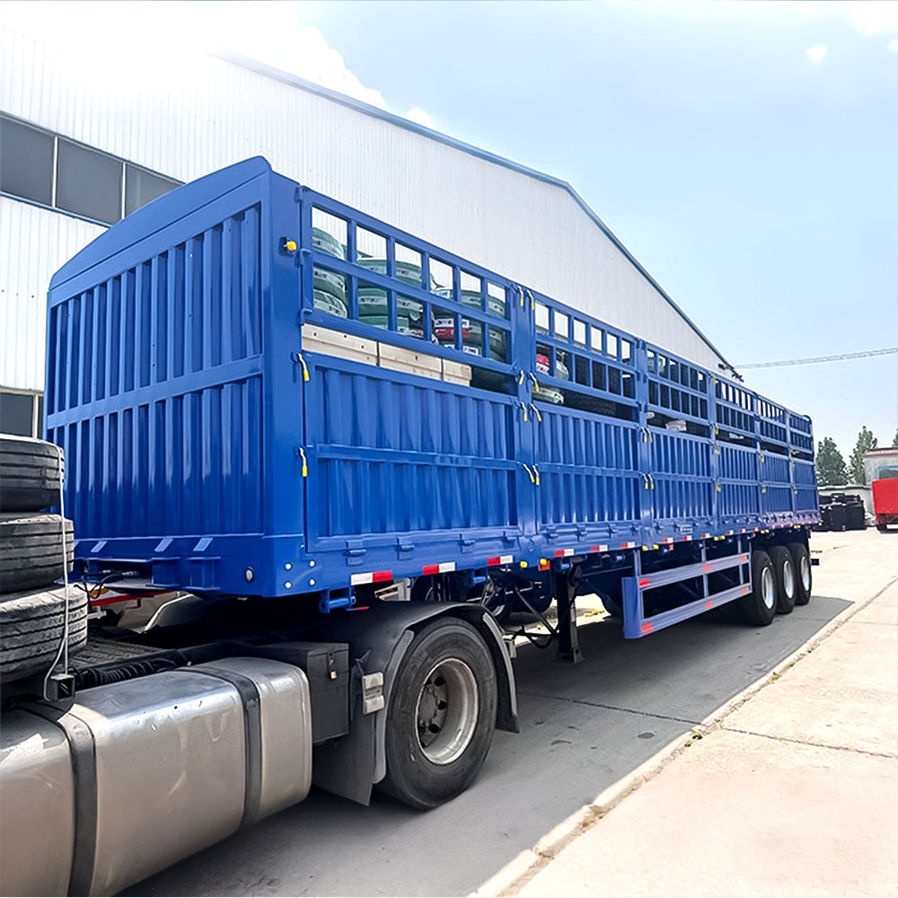 3 axle fence semi trailer front three quarter view highlighting cargo fence structure and three axle layout