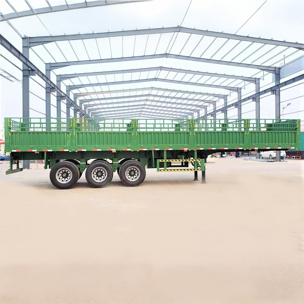 3 axle 40FT sidewall semi trailer side view showing long cargo platform and removable side walls