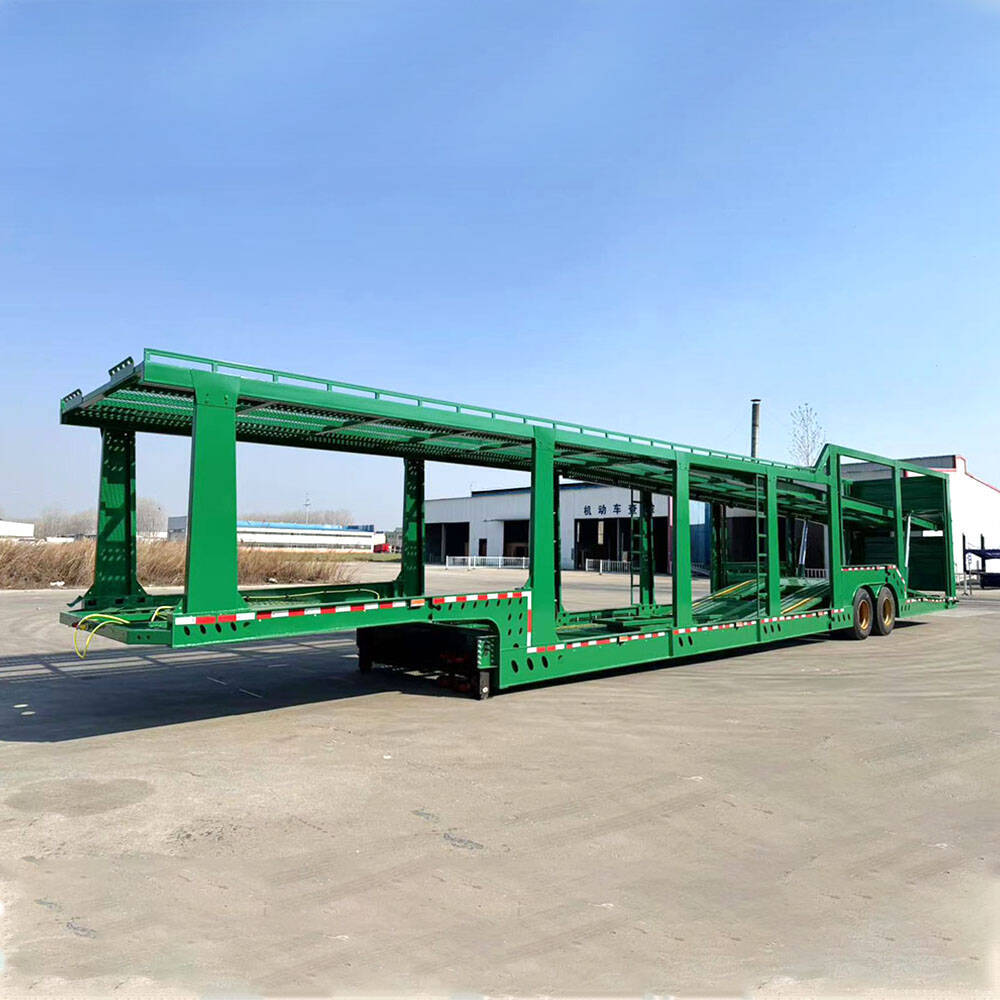 2 axle 8-car carrier trailer front three quarter view highlighting long vehicle transport platform and axle layout
