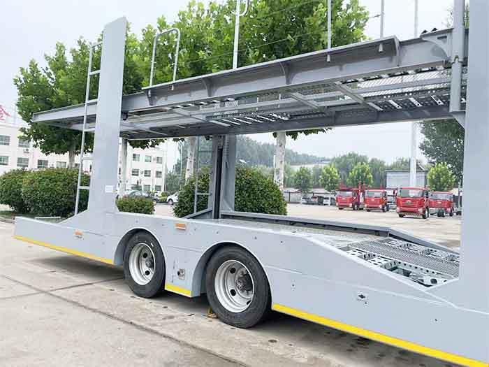 8 car hauler semi trailer side view showing upper and lower decks designed for vehicle transport