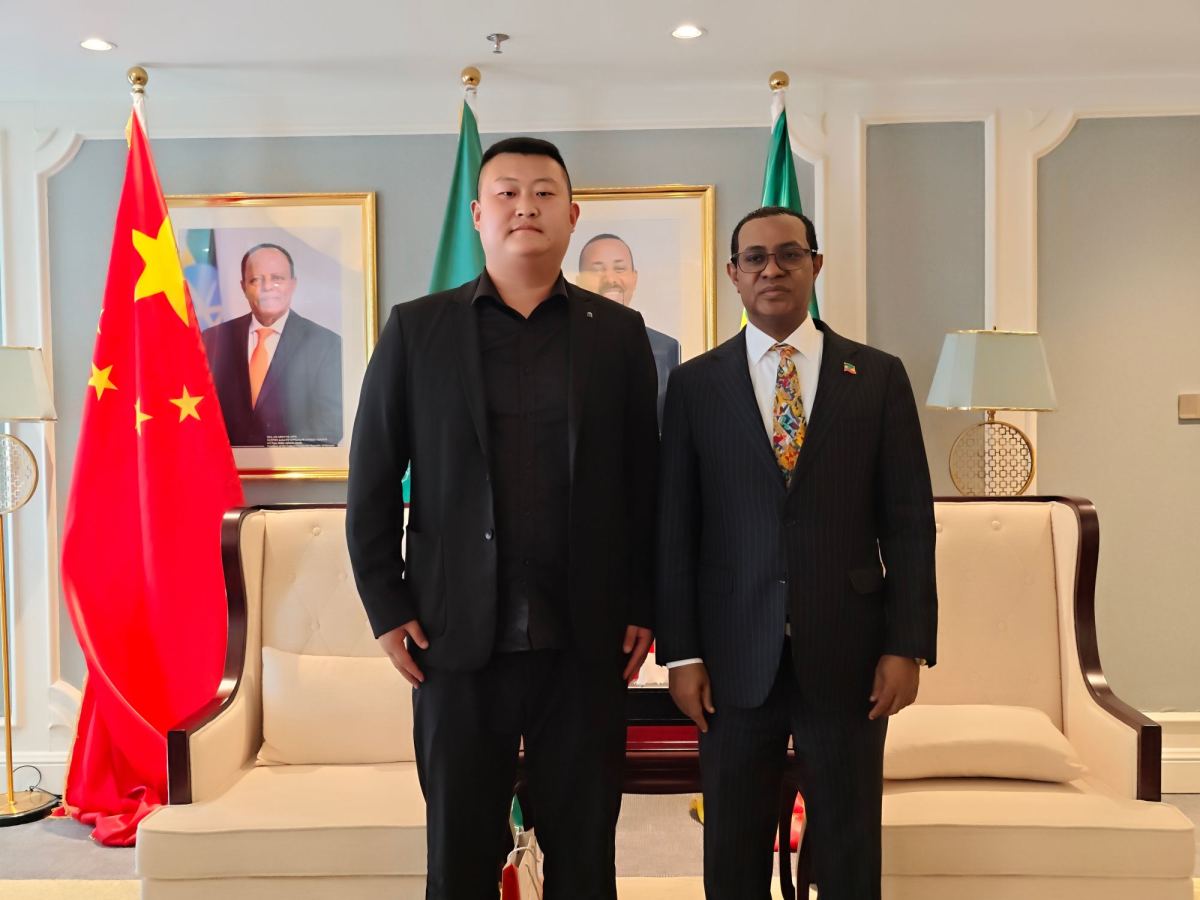 ZW Group General Manager Pierce Guo with Ethiopian Ambassador H.E. Tefera Derbew Yimam during a strategic cooperation meeting in Beijing