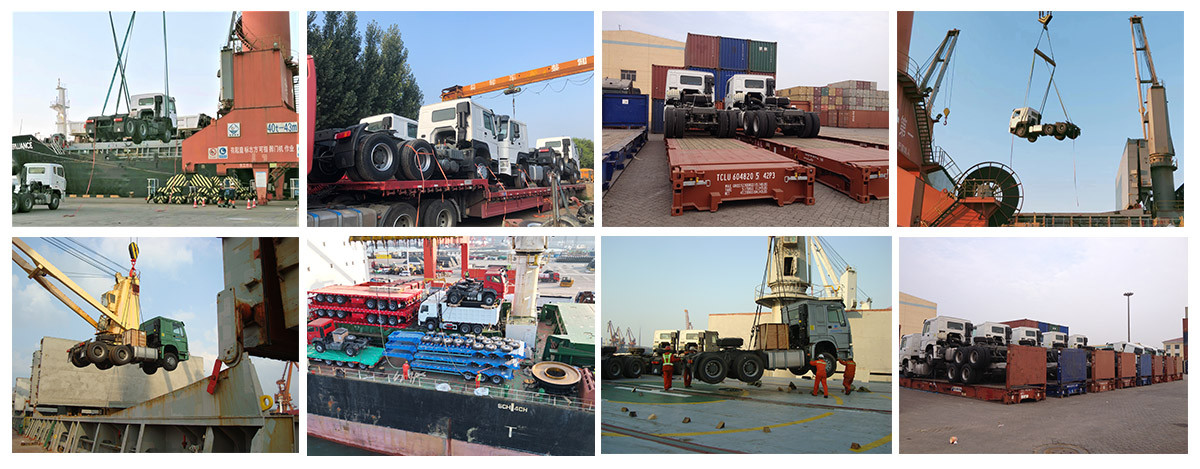 Heavy duty tractor truck shipment process including packing, loading, and port delivery