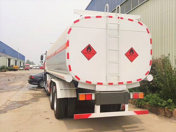 HOWO 8x4 fuel tanker truck rear view with heavy duty fuel outlet system