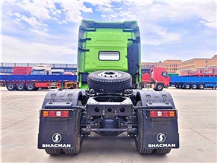 Shacman X3000 6x4 heavy duty tractor truck rear view showing towing system and chassis structure