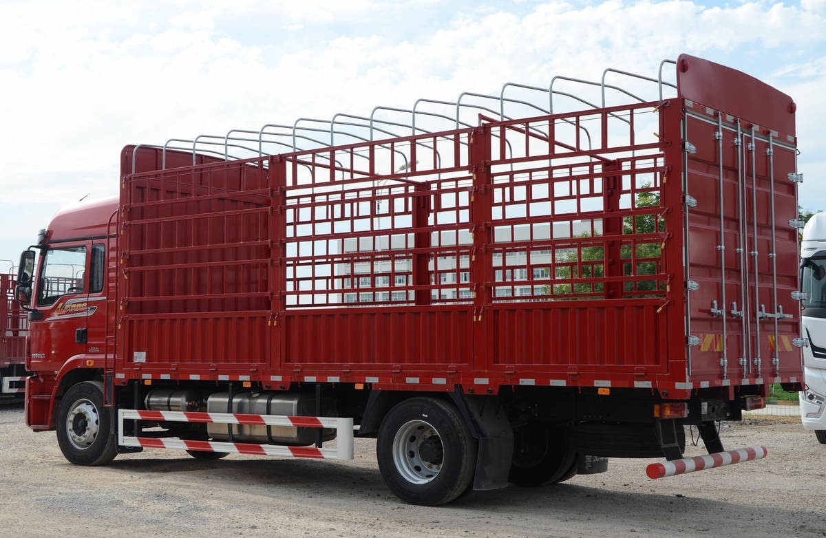 Shacman L5000 4x2 heavy duty cargo truck rear three quarter view showing cargo bed structure and rear frame