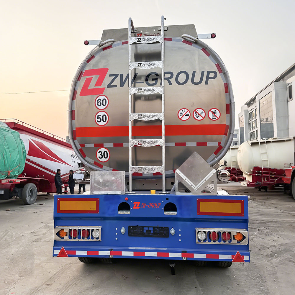 45,000L aluminum fuel tanker semi trailer rear view showing safety valves and emergency shut off system