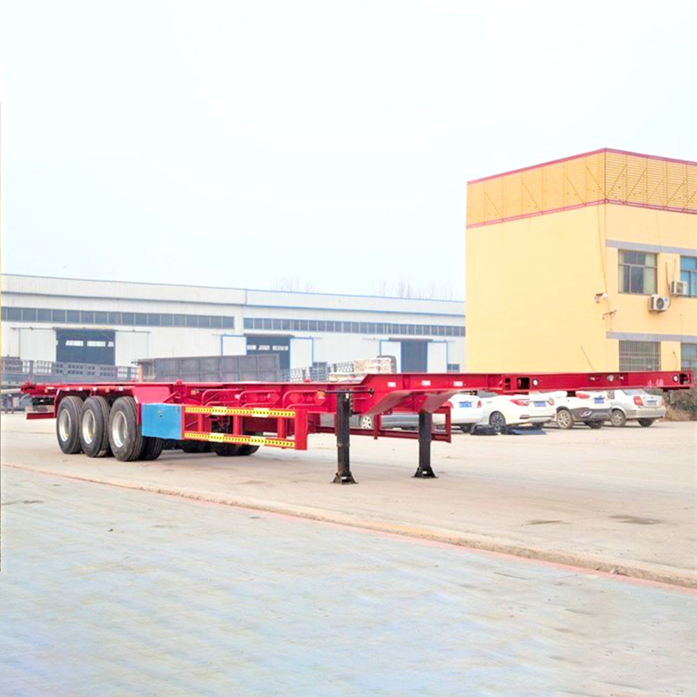 3 axle 12m 20ft skeletal semi trailer front three quarter view highlighting container locking system and axle layout