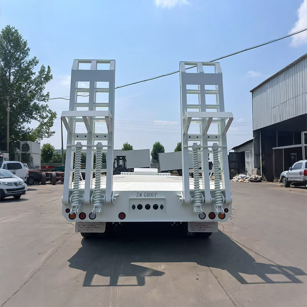 2 axle 40 ton lowbed trailer rear view showing heavy duty ramps for machinery loading