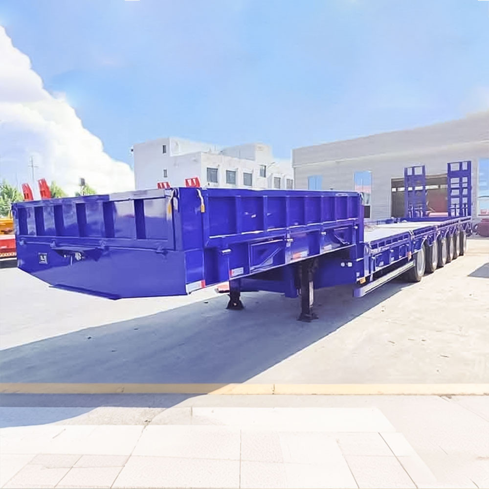 6 axle 150 ton lowbed trailer front three quarter view highlighting low deck height and heavy-duty axle layout