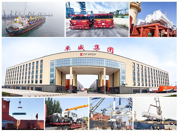 ZW Group factory gate and port shipment scene showing HOWO trucks, Shacman trucks and various semi trailers including flatbed, lowbed, tanker and cargo trailers prepared for overseas delivery