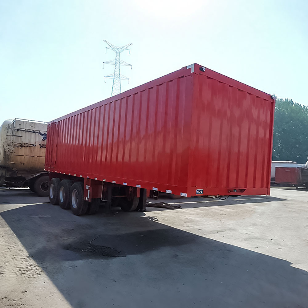3 axles cargo box semi trailer front three quarter view highlighting box body structure and three axle layout