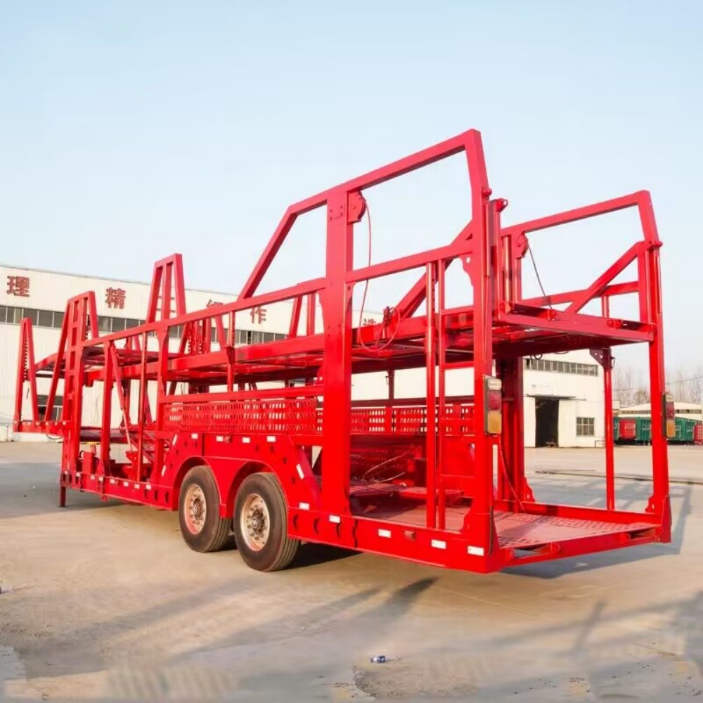 2 axle car transport trailer rear three quarter view showing loading ramps and tail platform