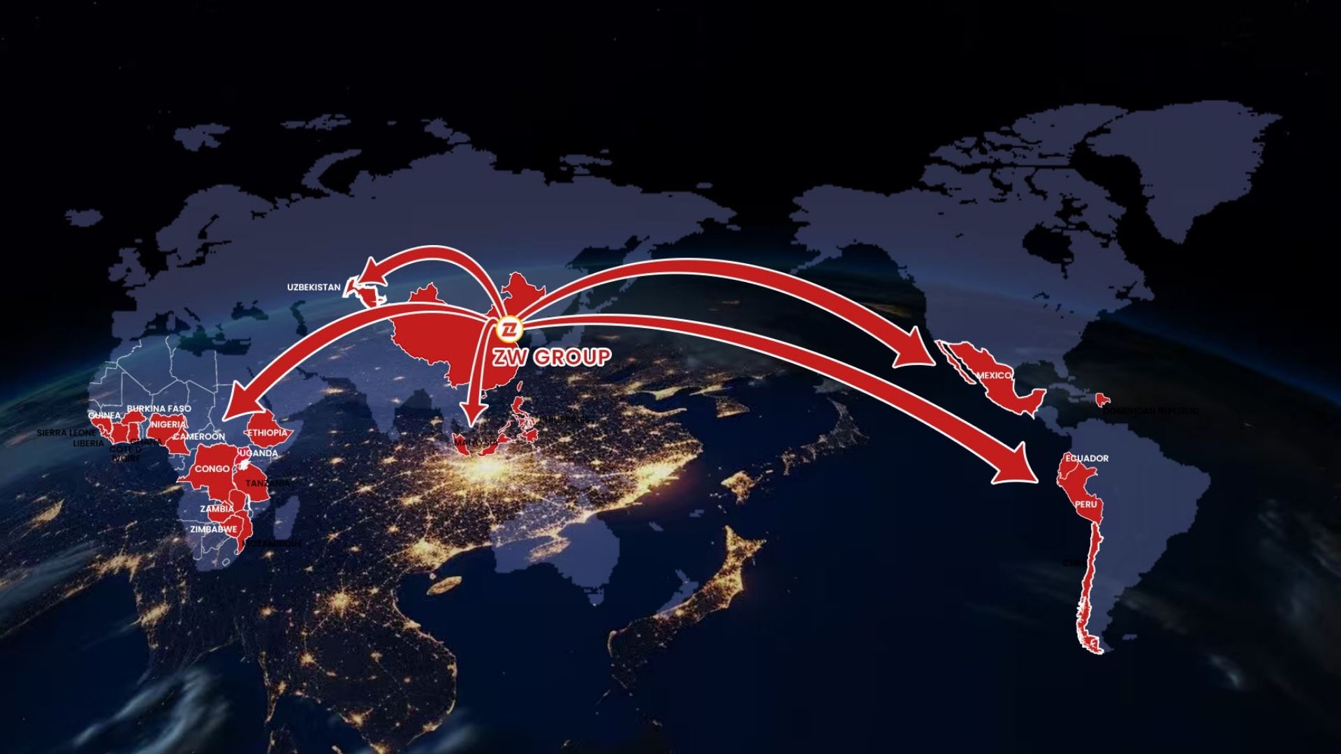 Mapa de exportação global do ZW Group: fornecedor profissional de semirreboques para África (Nigéria, Gana, Tanzânia), Oriente Médio, Sudeste Asiático e Canadá.