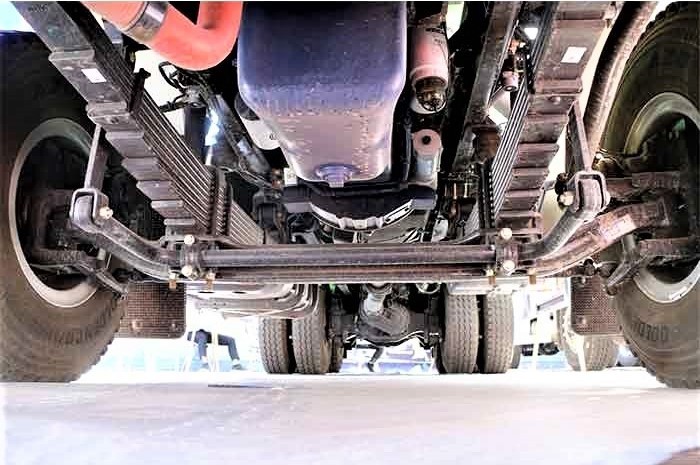 Shacman F3000 8x4 heavy duty concrete mixer truck chassis showing reinforced frame and suspension