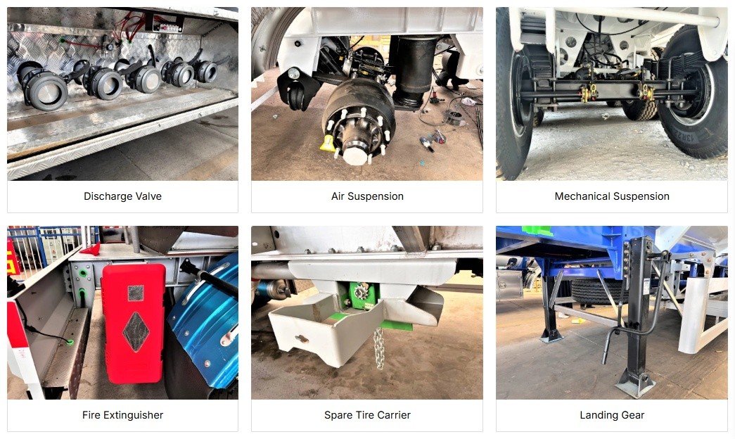 Technical details of ZW Group fuel tanker trailer including discharge valve, air and mechanical suspension, fire extinguisher, spare tire carrier, and landing gear.